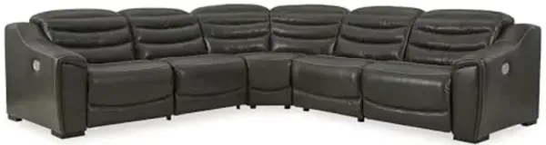 Signature Design by Ashley Contemporary Center Line L-Shape Symmetrical 5-Piece Faux Leather Power Reclining Sectional with Adjustable Headrest and USB Charging Ports, Dark Brown