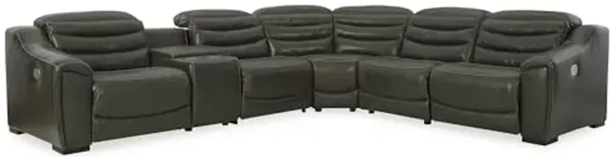 Signature Design by Ashley Modern Center Line L-Shape Right-Arm Facing 6-Piece Faux Leather Power Reclining Sectional with Adjustable Headrest and USB Charging Ports, Dark Brown