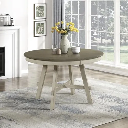 Homelegance 48 Inch Dia. Modern Round Dining Table, Wooden Kitchen Table, Seats for 4 People, Space Saving, for Kitchen, Dining Room, Two-Tone Finish (Greywash and Antique White)