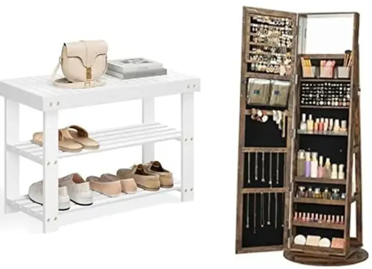 SONGMICS Shoe Rack Bench, 360° Swivel Jewelry Cabinet, ULBS004W01 and UJJC006X01