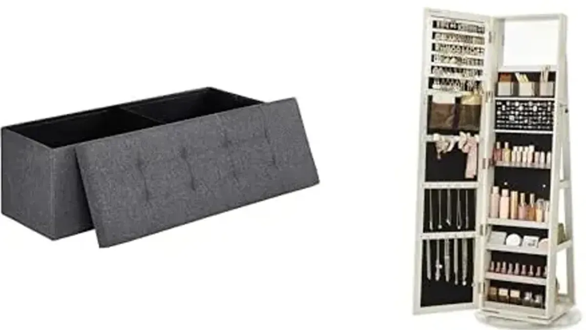 SONGMICS 43 Inches Folding Storage Ottoman Bench, 360° Swivel Jewelry Cabinet, ULSF77K and UJJC006W01