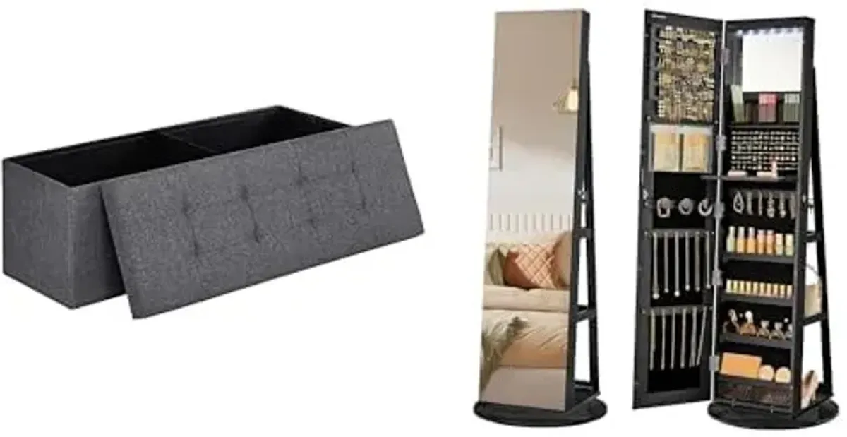 SONGMICS 43 Inches Folding Storage Ottoman Bench, 6 LEDs Lockable Mirror Jewelry Cabinet, ULSF77K and UJJC007B01