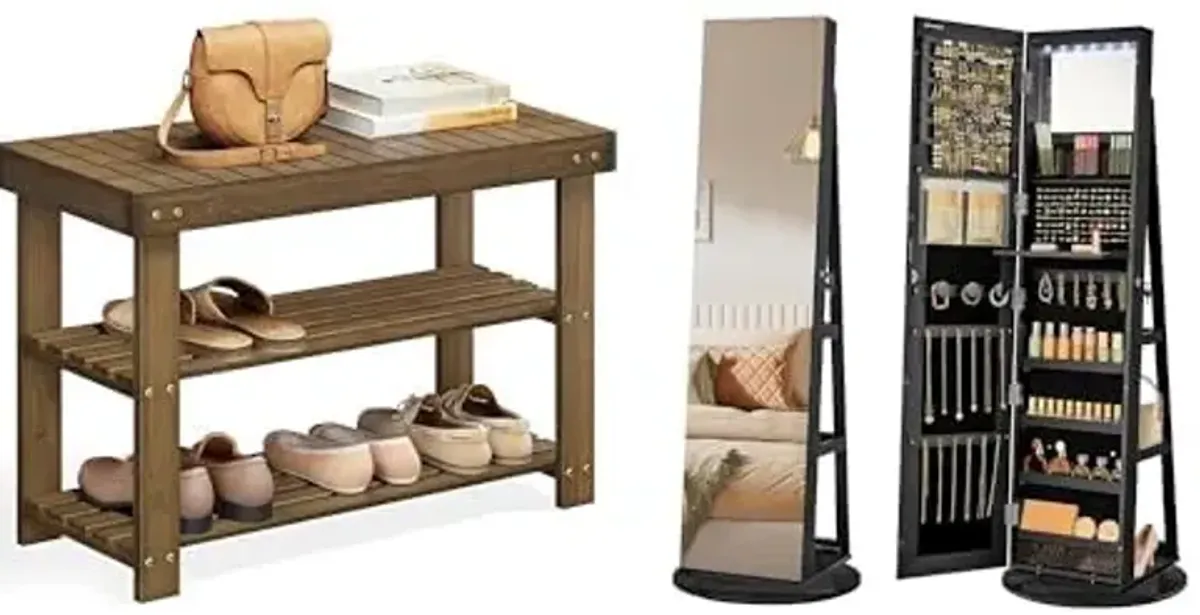 SONGMICS Shoe Rack Bench, 6 LEDs Lockable Mirror Jewelry Cabinet, ULBS04WL and UJJC007B01