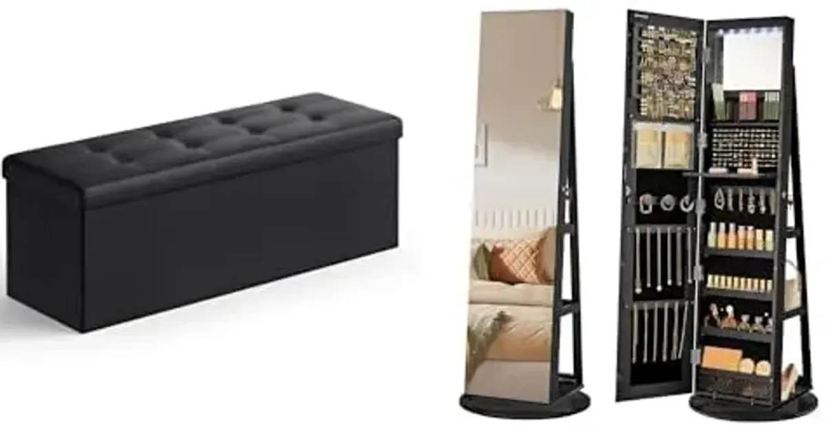 SONGMICS 43 Inches Folding Storage Ottoman Bench, 6 LEDs Lockable Mirror Jewelry Cabinet, ULSF701 and UJJC007B01