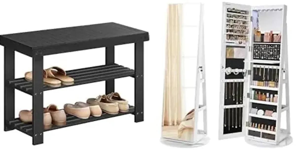 SONGMICS Shoe Rack Bench, 6 LEDs Lockable Mirror Jewelry Cabinet, ULBS04H and UJJC007W01