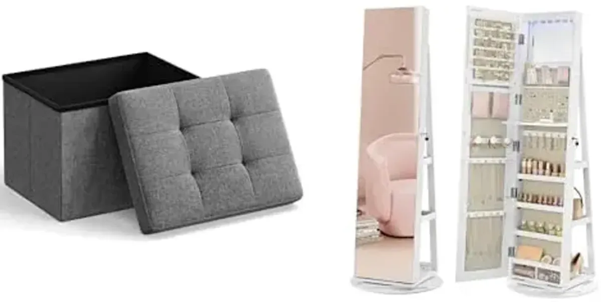 SONGMICS Small Folding Storage Ottoman, 6 LEDs Lockable Mirror Jewelry Cabinet, ULSF102G01 and UJJC007W02V1