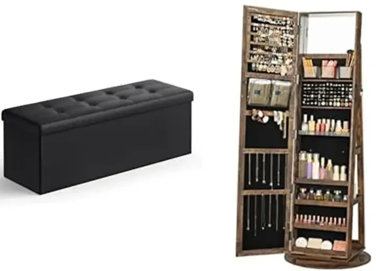 SONGMICS 43 Inches Folding Storage Ottoman Bench, 360° Swivel Jewelry Cabinet, ULSF701 and UJJC006X01