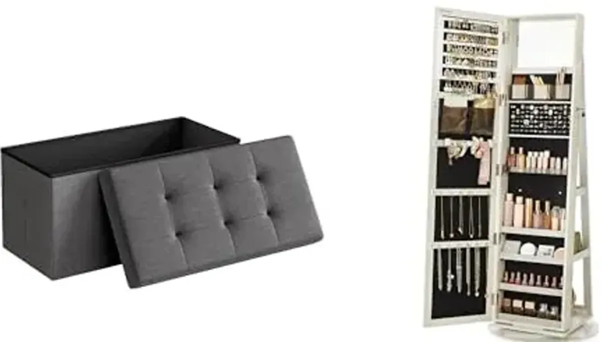 SONGMICS 30 Inches Folding Storage Ottoman Bench, 360° Swivel Jewelry Cabinet, ULSF47K and UJJC006W01