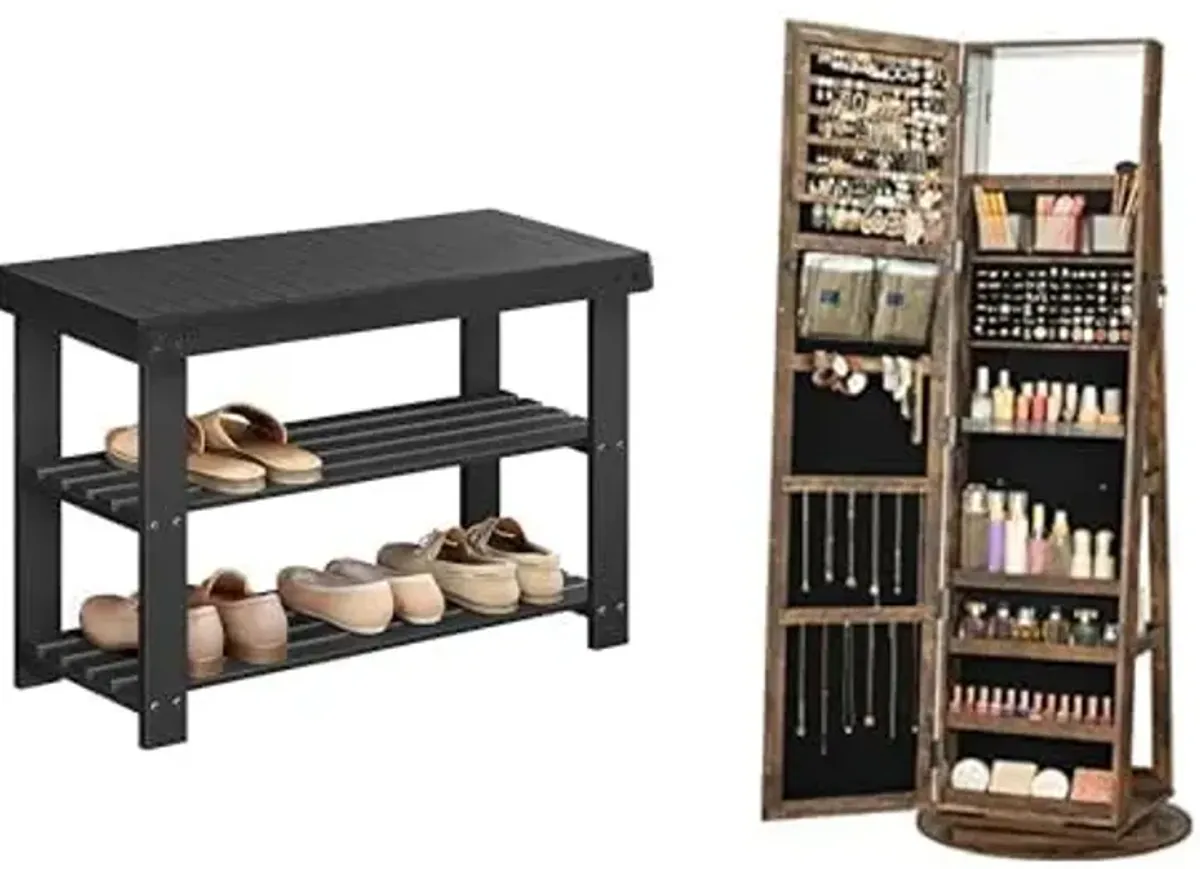 SONGMICS Shoe Rack Bench, 360° Swivel Jewelry Cabinet, ULBS04H and UJJC006X01