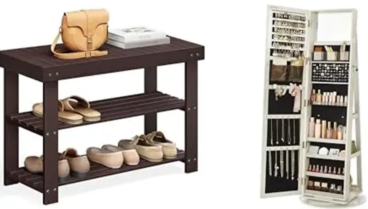 SONGMICS Shoe Rack Bench, 360° Swivel Jewelry Cabinet, ULBS04Z and UJJC006W01