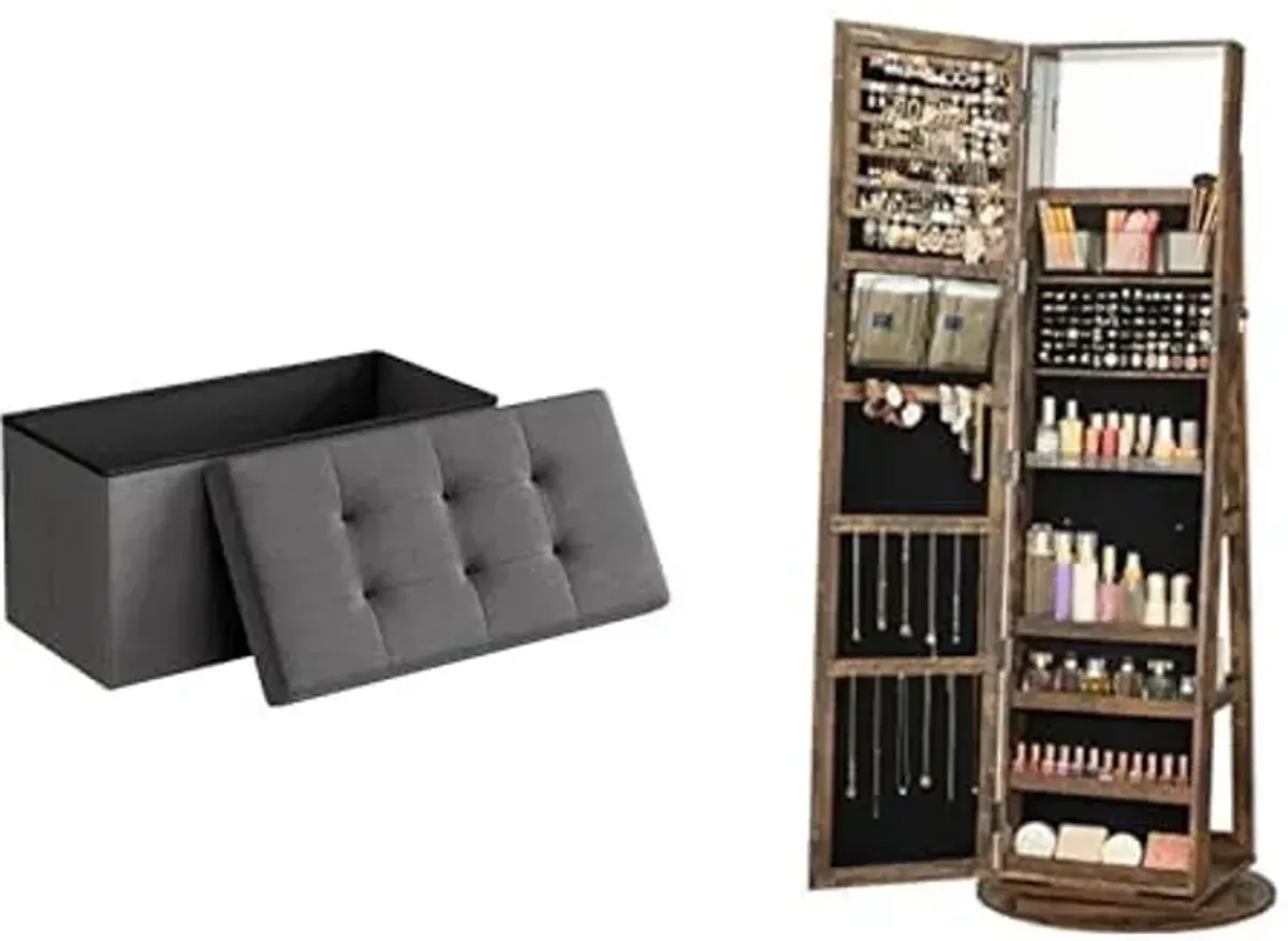 SONGMICS 30 Inches Folding Storage Ottoman Bench, 360° Swivel Jewelry Cabinet, ULSF47K and UJJC006X01