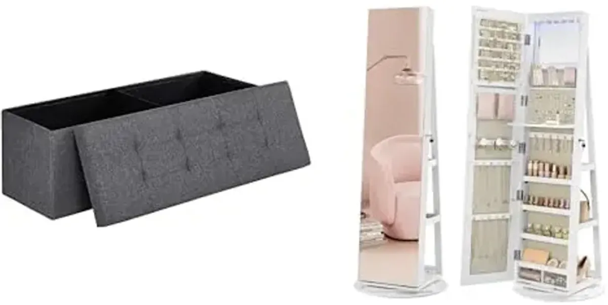 SONGMICS 43 Inches Folding Storage Ottoman Bench, 6 LEDs Lockable Mirror Jewelry Cabinet, ULSF77K and UJJC007W02V1