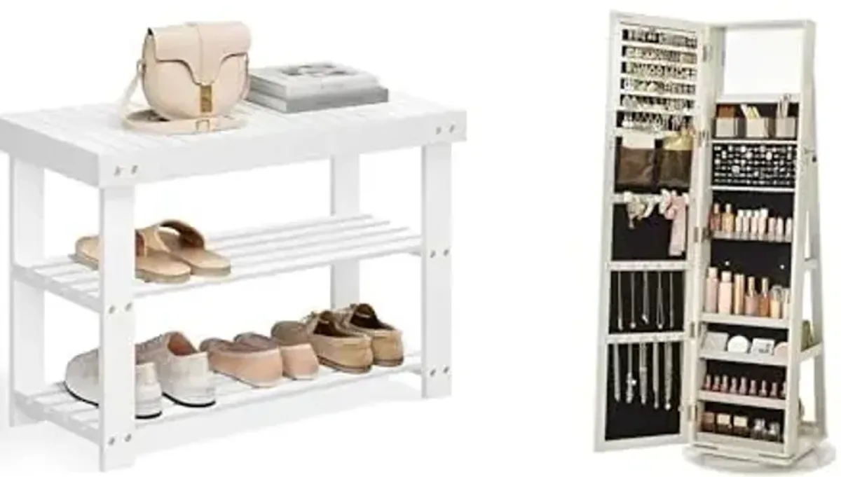 SONGMICS Shoe Rack Bench, 360° Swivel Jewelry Cabinet, ULBS004W01 and UJJC006W01