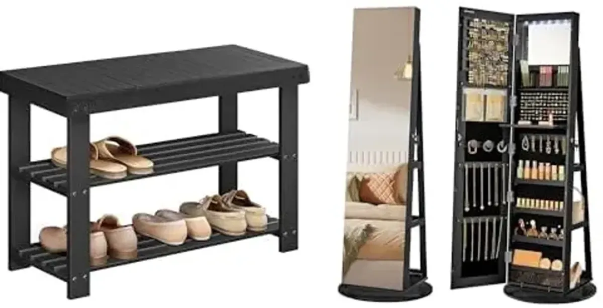 SONGMICS Shoe Rack Bench, 6 LEDs Lockable Mirror Jewelry Cabinet, ULBS04H and UJJC007B01