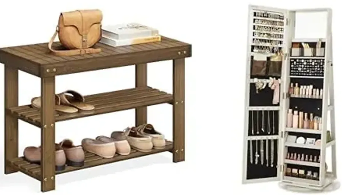 SONGMICS Shoe Rack Bench, 360° Swivel Jewelry Cabinet, ULBS04WL and UJJC006W01
