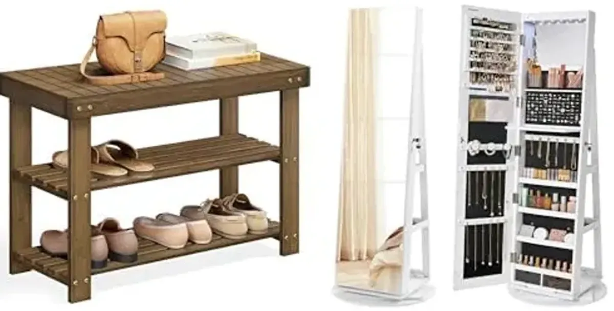 SONGMICS Shoe Rack Bench, 6 LEDs Lockable Mirror Jewelry Cabinet, ULBS04WL and UJJC007W01