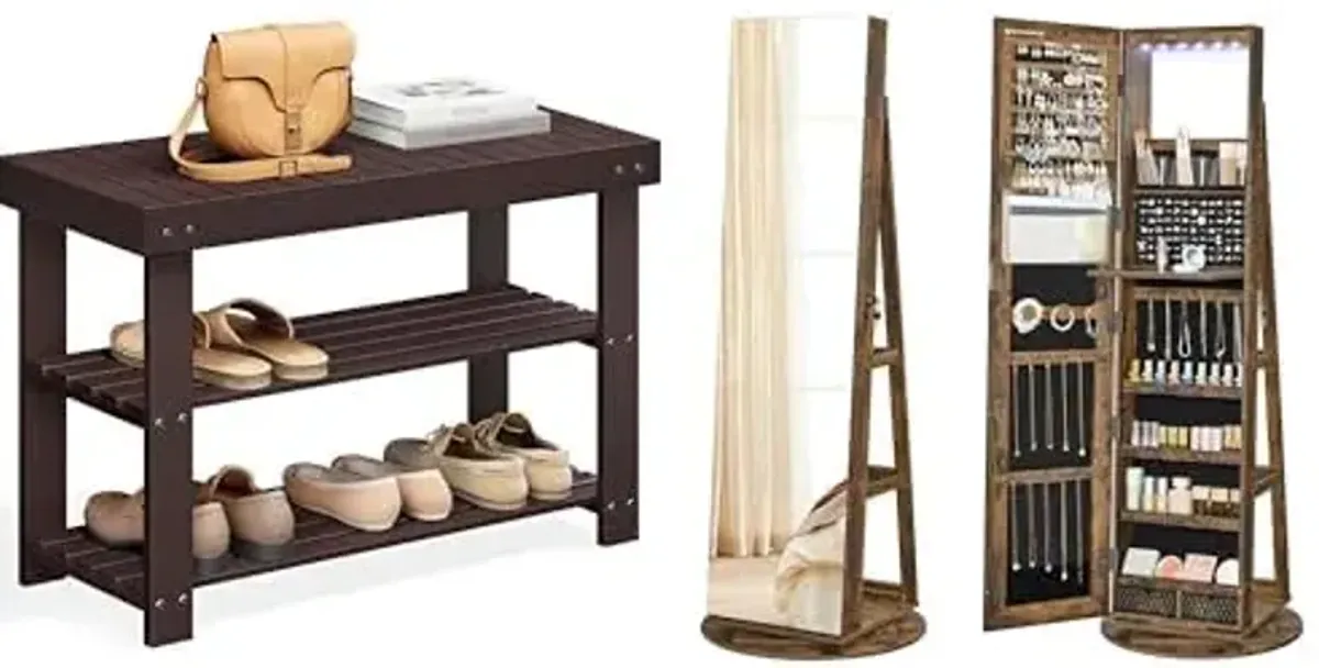 SONGMICS Shoe Rack Bench, 6 LEDs Lockable Mirror Jewelry Cabinet, ULBS04Z and UJJC007X01