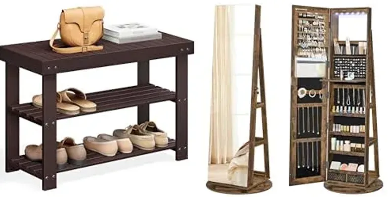 SONGMICS Shoe Rack Bench, 6 LEDs Lockable Mirror Jewelry Cabinet, ULBS04Z and UJJC007X01