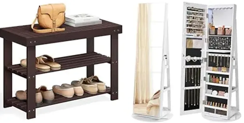 SONGMICS Shoe Rack Bench, 6 LEDs Lockable Mirror Jewelry Cabinet, ULBS04Z and UJJC007W01