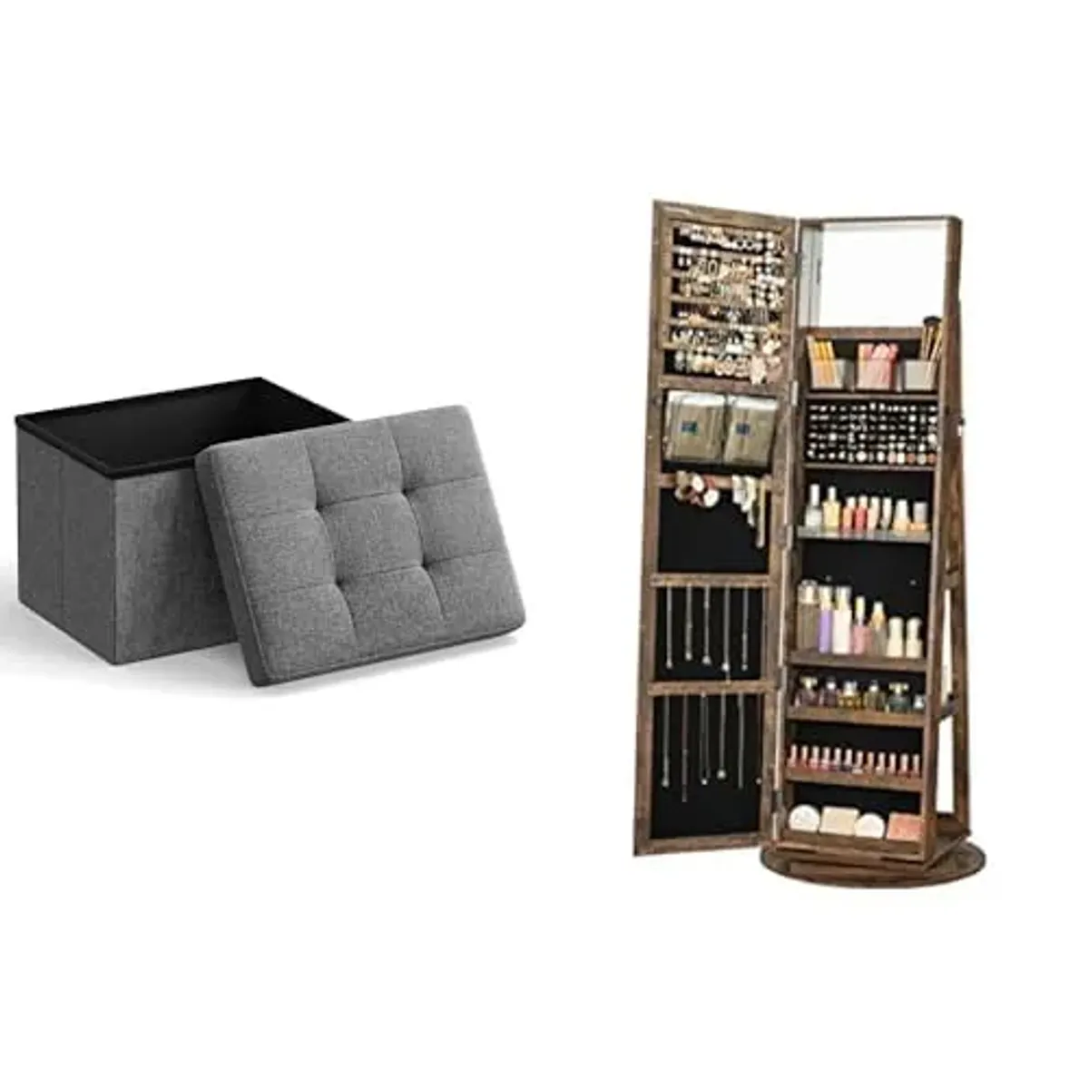 SONGMICS Small Folding Storage Ottoman, 360° Swivel Jewelry Cabinet, ULSF102G01 and UJJC006X01
