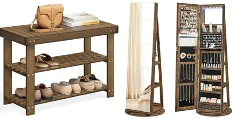 SONGMICS Shoe Rack Bench, 6 LEDs Lockable Mirror Jewelry Cabinet, ULBS04WL and UJJC007X01