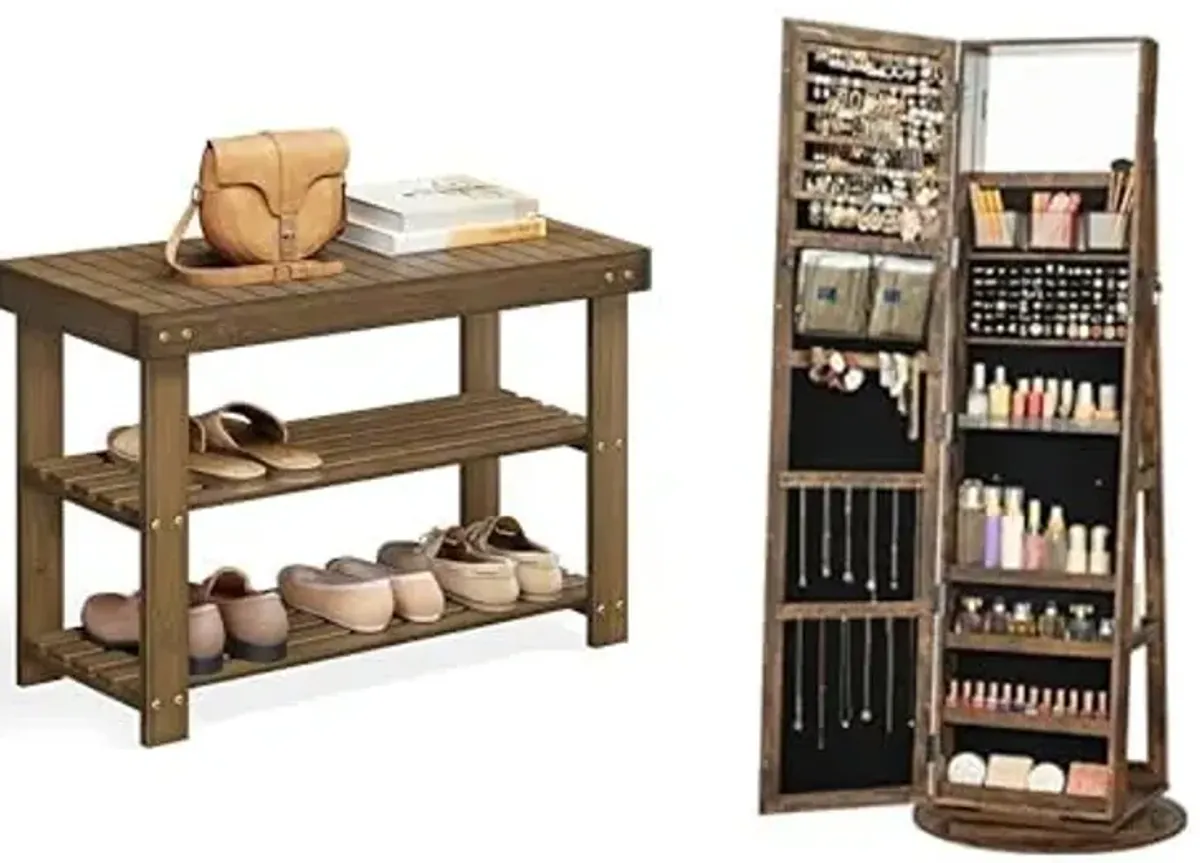 SONGMICS Shoe Rack Bench, 360° Swivel Jewelry Cabinet, ULBS04WL and UJJC006X01