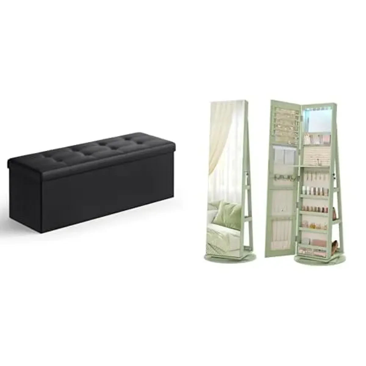 SONGMICS 43 Inches Folding Storage Ottoman Bench, 6 LEDs Lockable Mirror Jewelry Cabinet, ULSF701 and UJJC007C01