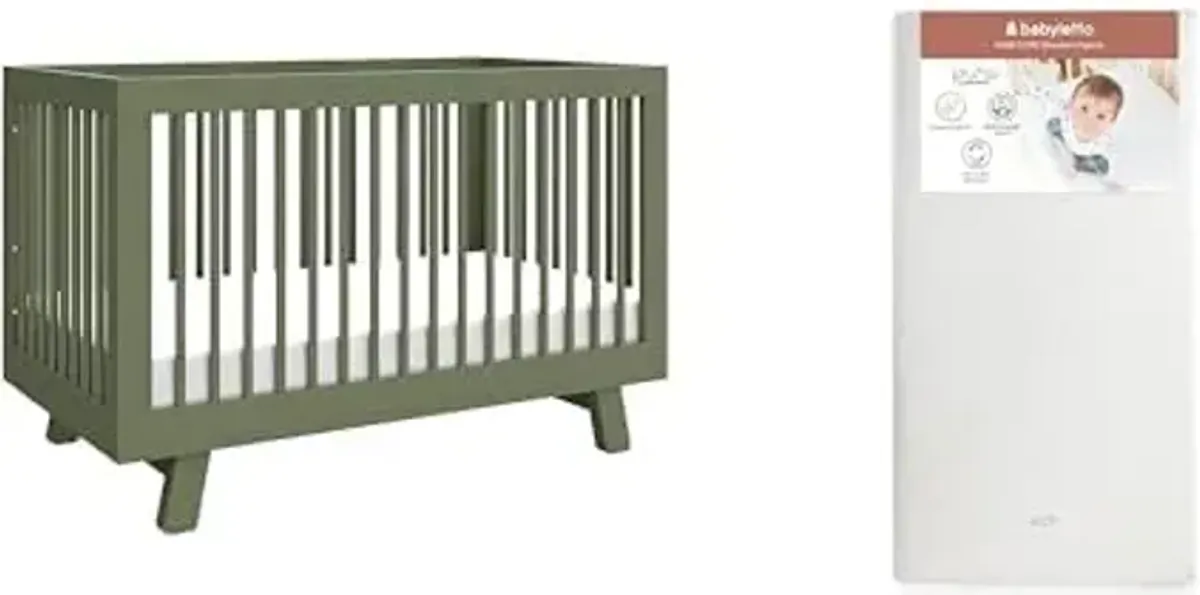 babyletto Hudson 3-in-1 Convertible Baby Crib in Olive Green with Pure Core 2-Stage Crib Mattress Bundle