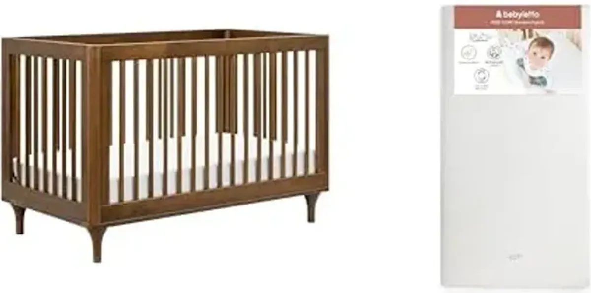 babyletto Lolly 3-in-1 Convertible Baby Crib in Natural Walnut with Pure Core 2-Stage Crib Mattress Bundle