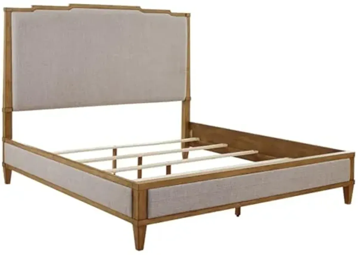 Signature Design by Ashley Sharlance Mid-Century Modern King Upholstered Panel Bed, Foundation or Box Spring Needed, Light Brown & Beige