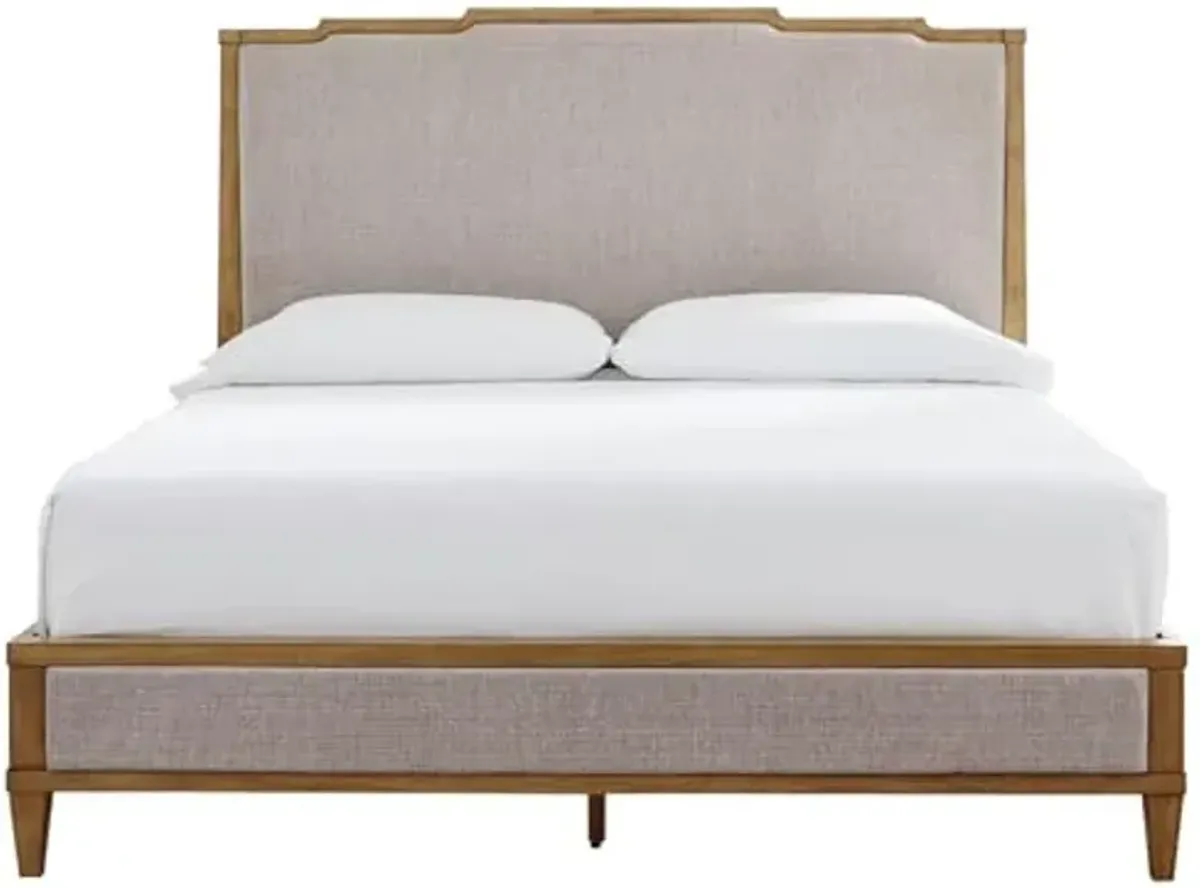 Signature Design by Ashley Sharlance Mid-Century Modern King Upholstered Panel Bed, Foundation or Box Spring Needed, Light Brown & Beige