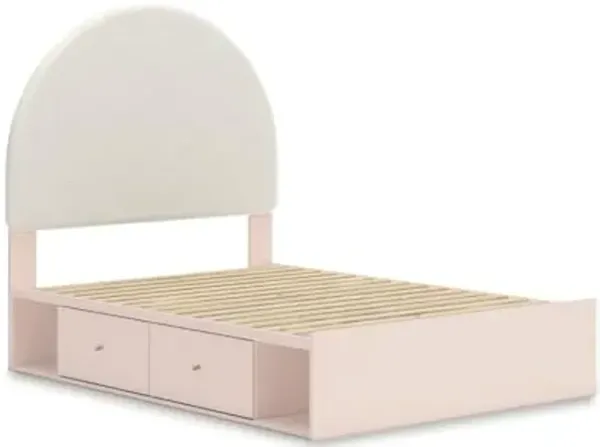 Signature Design by Ashley Wistenpine Casual Full Upholstered Platform Bed with 2-Drawer and 2-Cubby, Foundation or Box Spring Not Needed, White & Pink