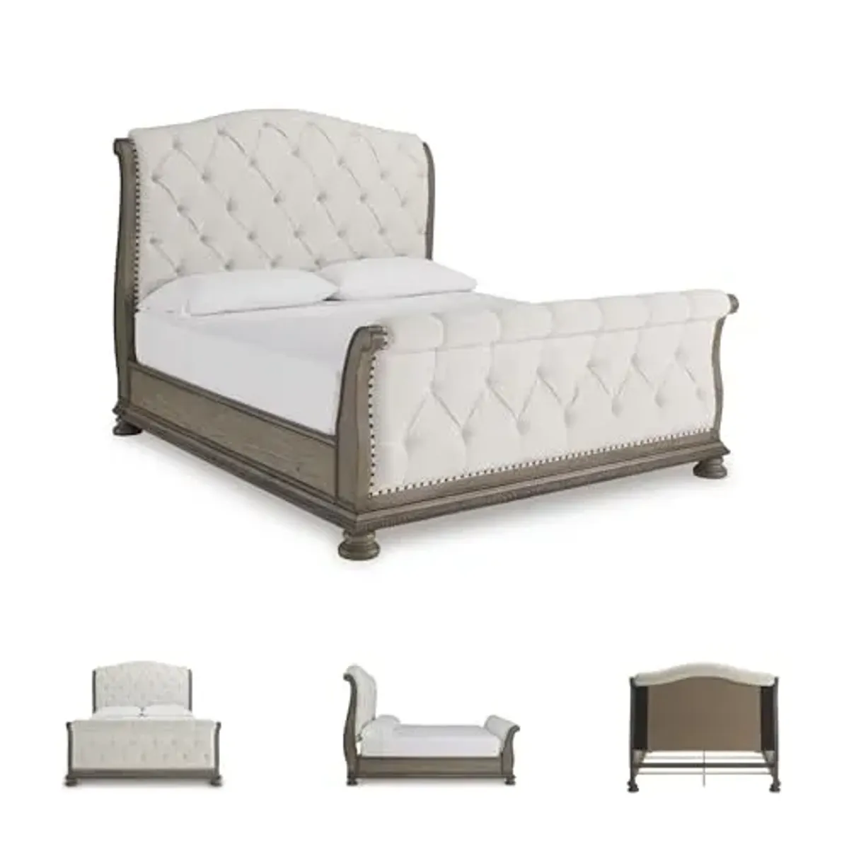 Signature Design by Ashley Ardenfield Traditional Tufted King Upholstered Sleigh Bed, Foundation or Box Spring Needed, Light Brown & White
