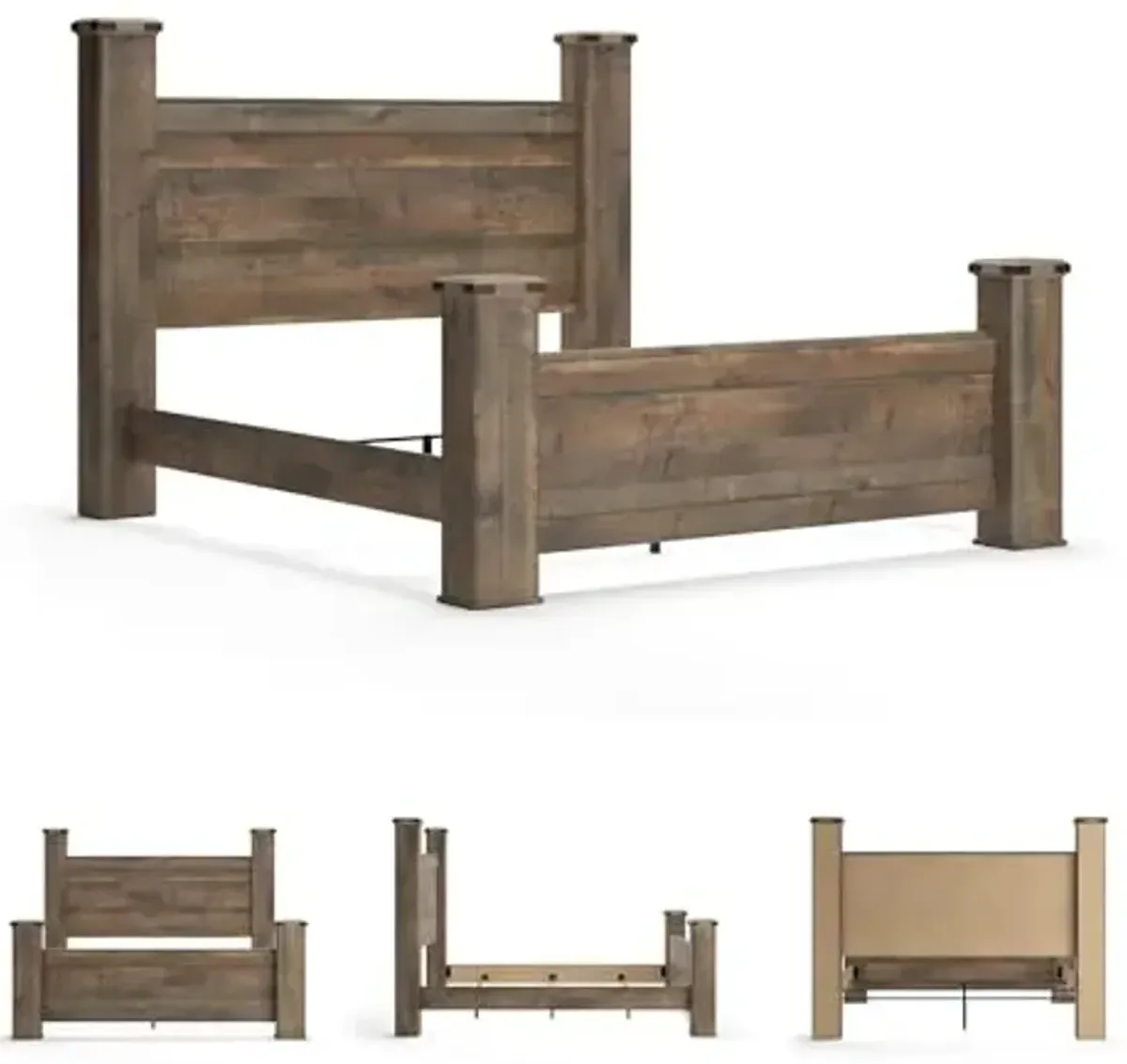Signature Design by Ashley Trinell Rustic King Poster Bed, Foundation or Box Spring Needed, Dark Brown