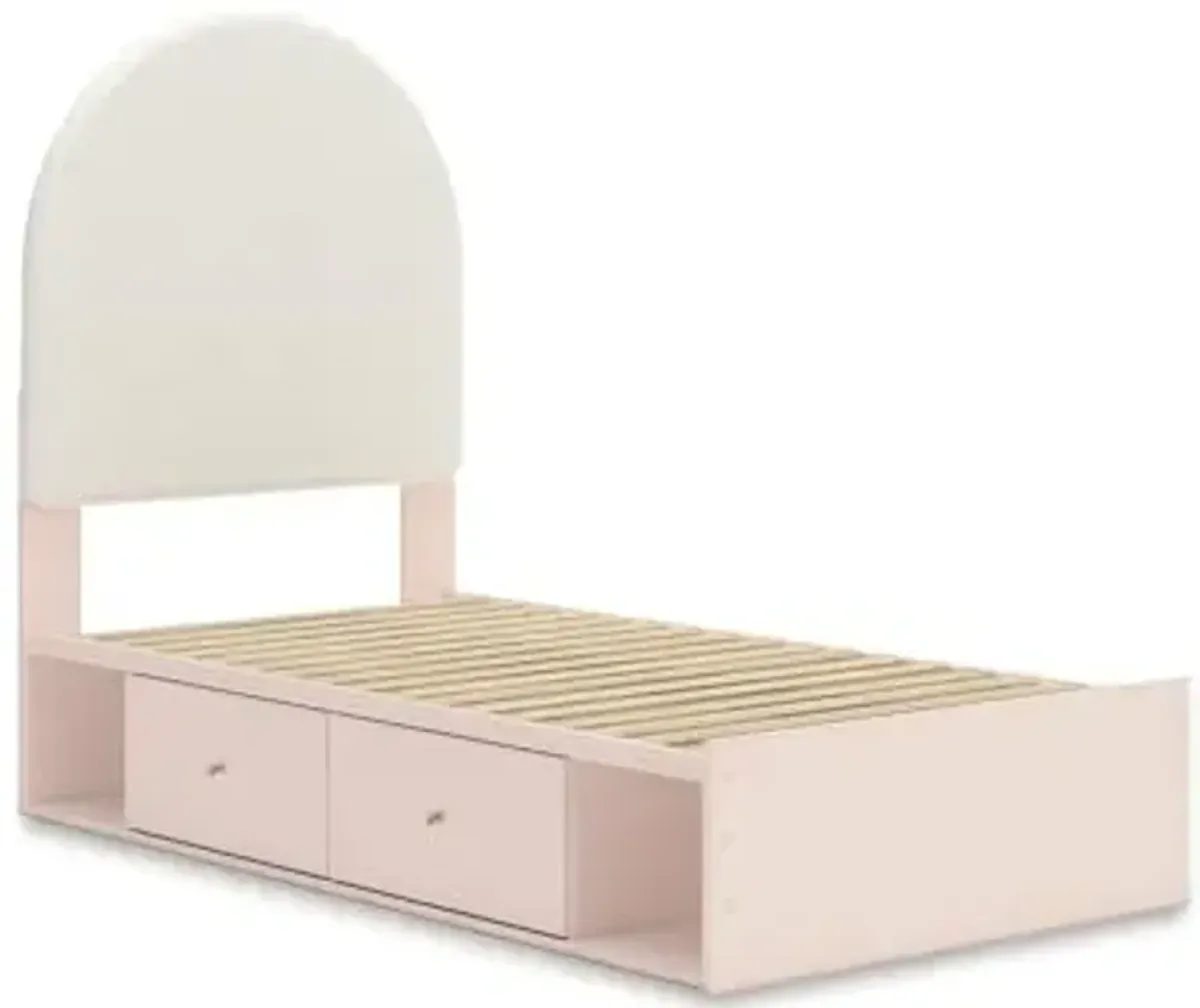 Signature Design by Ashley Wistenpine Casual Twin Upholstered Platform Bed with 4-Drawer and 4-Cubby, Foundation or Box Spring Not Needed, White & Pink