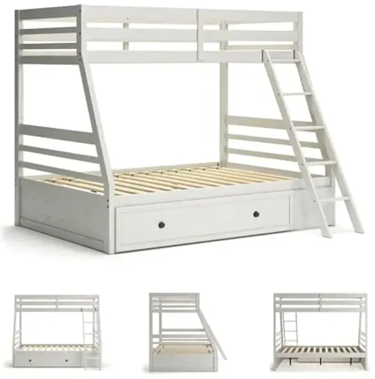 Signature Design by Ashley Robbinsdale Modern Twin Over Full Bunk Bed with Storage Box, Foundation or Box Spring Not Needed, White