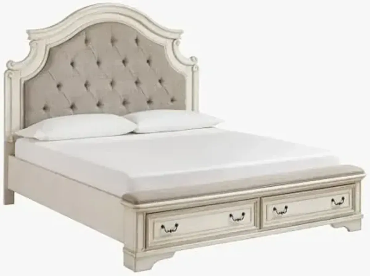 Signature Design by Ashley Realyn French Country Tufted 2-Drawer California King Upholstered Platform Storage Bed, Foundation or Box Spring Not Needed, White & Beige