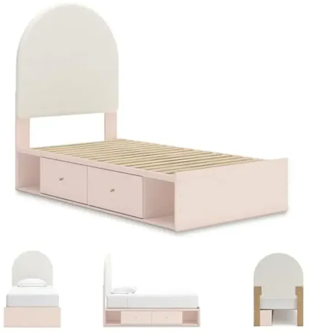 Signature Design by Ashley Wistenpine Casual Twin Upholstered Platform Bed with 2-Drawer and 2-Cubby, Foundation or Box Spring Not Needed, White & Pink