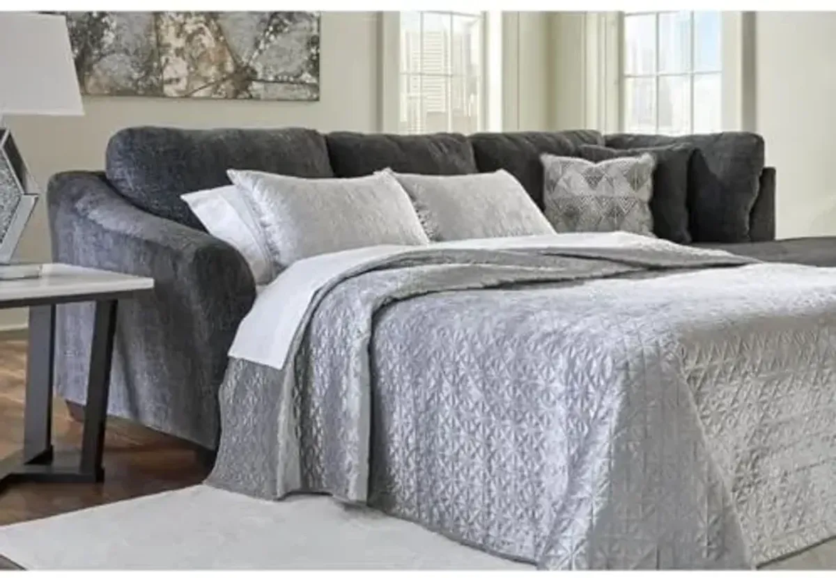 Signature Design by Ashley Biddeford Contemporary Right-Arm Facing Convertible 2-Piece Sleeper Sectional with Chaise, Bi-Fold Memory Foam Mattress and 4 Accent Pillows, Full, Gray