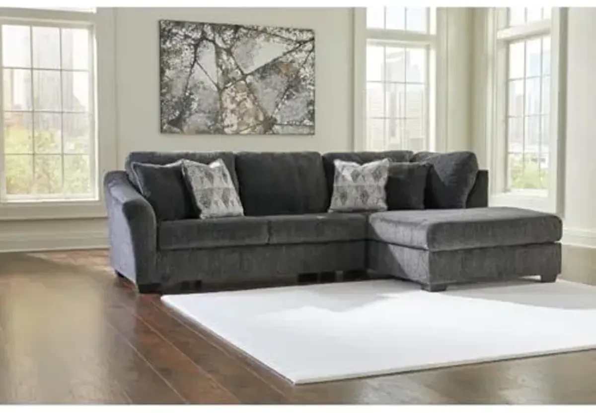 Signature Design by Ashley Biddeford Contemporary Right-Arm Facing Convertible 2-Piece Sleeper Sectional with Chaise, Bi-Fold Memory Foam Mattress and 4 Accent Pillows, Full, Gray