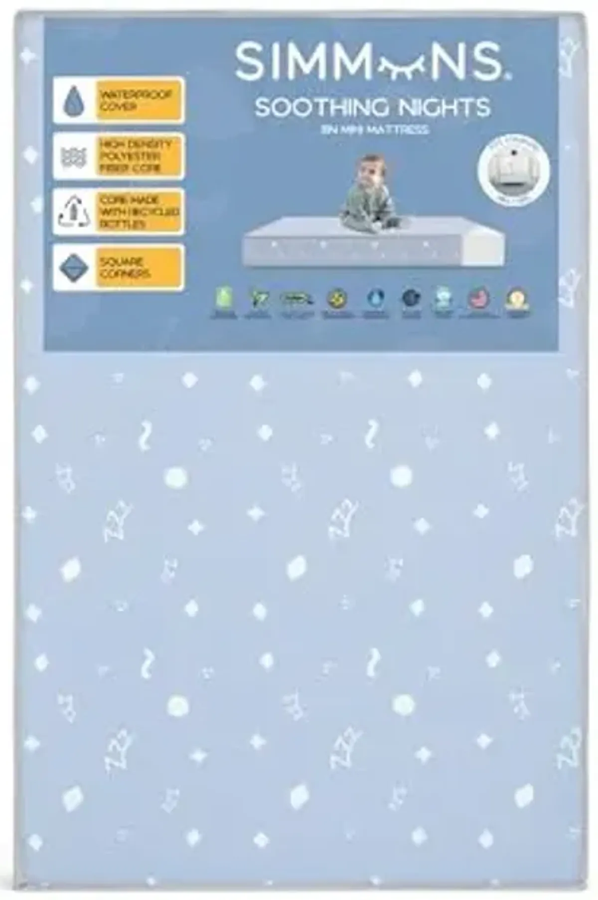 Simmons Kids Soothing Nights 3-inch Mini/Portable Crib Mattress - Sustainably Sourced Fiber Core - Waterproof - GREENGUARD Gold Certified (Non-Toxic) - Trusted 5 Year Warranty