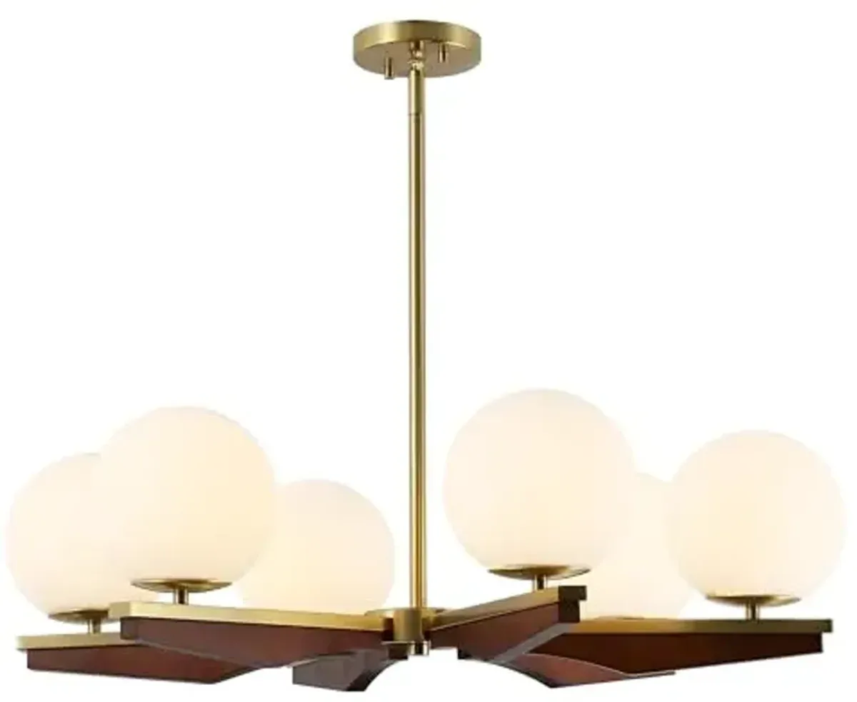 SAFAVIEH Lighting Collection - Janna Brass & Walnut 30" Chandelier, 6-Light Metal & Glass Pendant, Adjustable Height (CHA4081A)