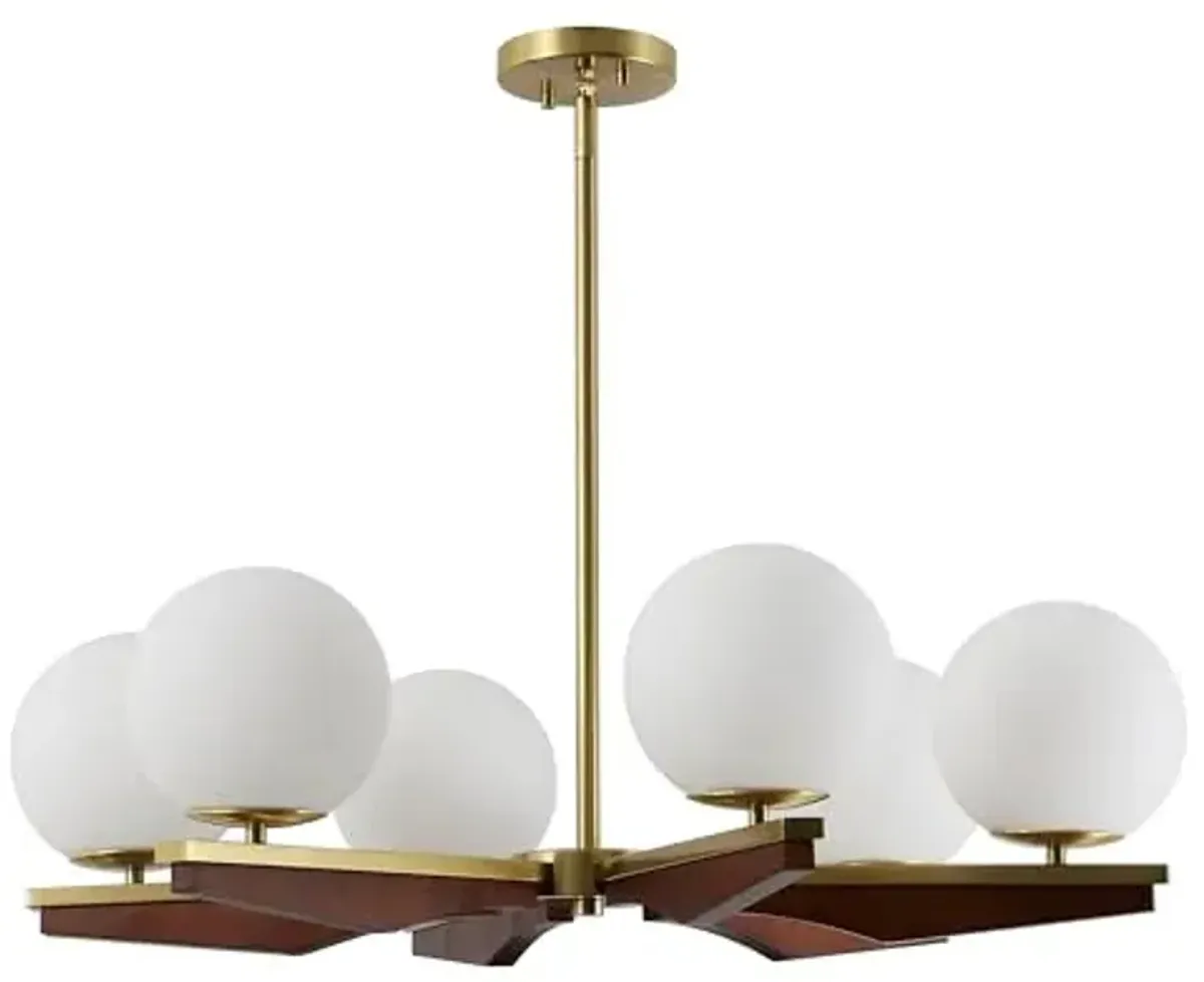 SAFAVIEH Lighting Collection - Janna Brass & Walnut 30" Chandelier, 6-Light Metal & Glass Pendant, Adjustable Height (CHA4081A)