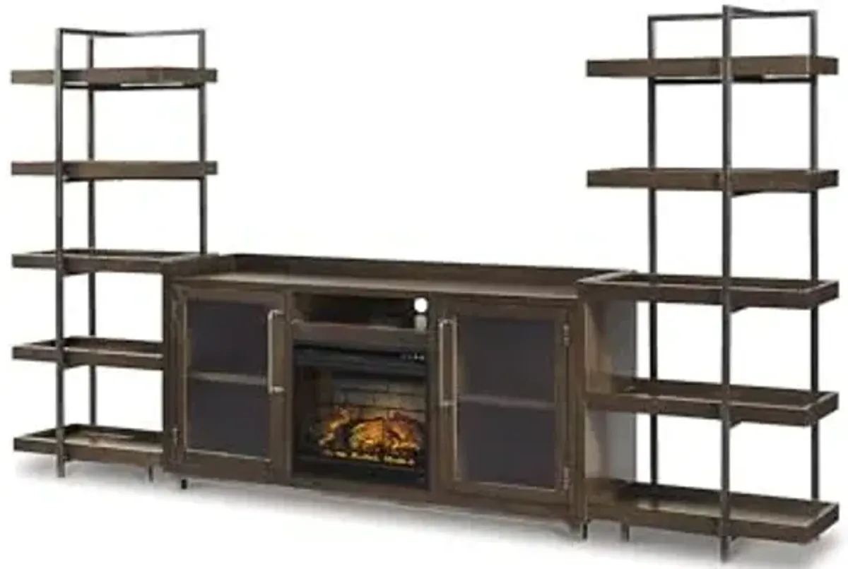 Signature Design by Ashley Starmore Industrial 3-Piece Wall Unit for TVs up to 80" with Electric Fireplace and Adjustable Flame, Dark Brown & Gray