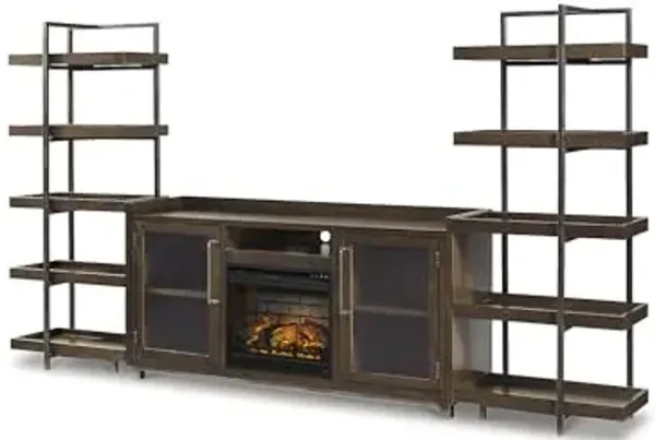 Signature Design by Ashley Starmore Industrial 3-Piece Wall Unit for TVs up to 80" with Electric Fireplace and Adjustable Flame, Dark Brown & Gray