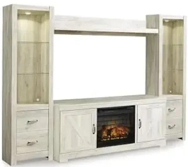Signature Design by Ashley Bellaby Farmhouse 4-Piece Entertainment Center for TVs up to 72" with Electric Fireplace and Time Function, Whitewash
