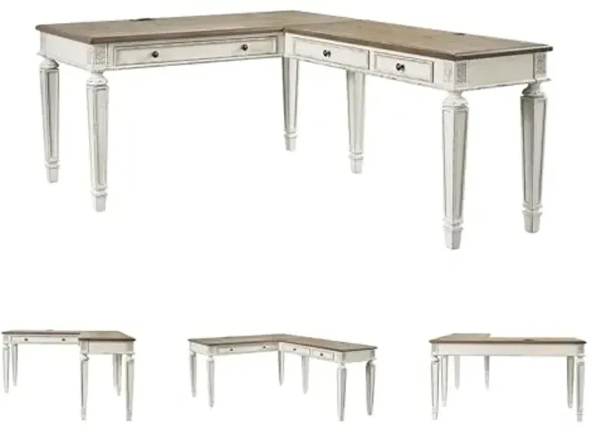 Signature Design by Ashley Realyn Cottage L-Shaped Distressed 2-Piece Home Office Desk with Power Supply and USB Ports, White & Light Brown