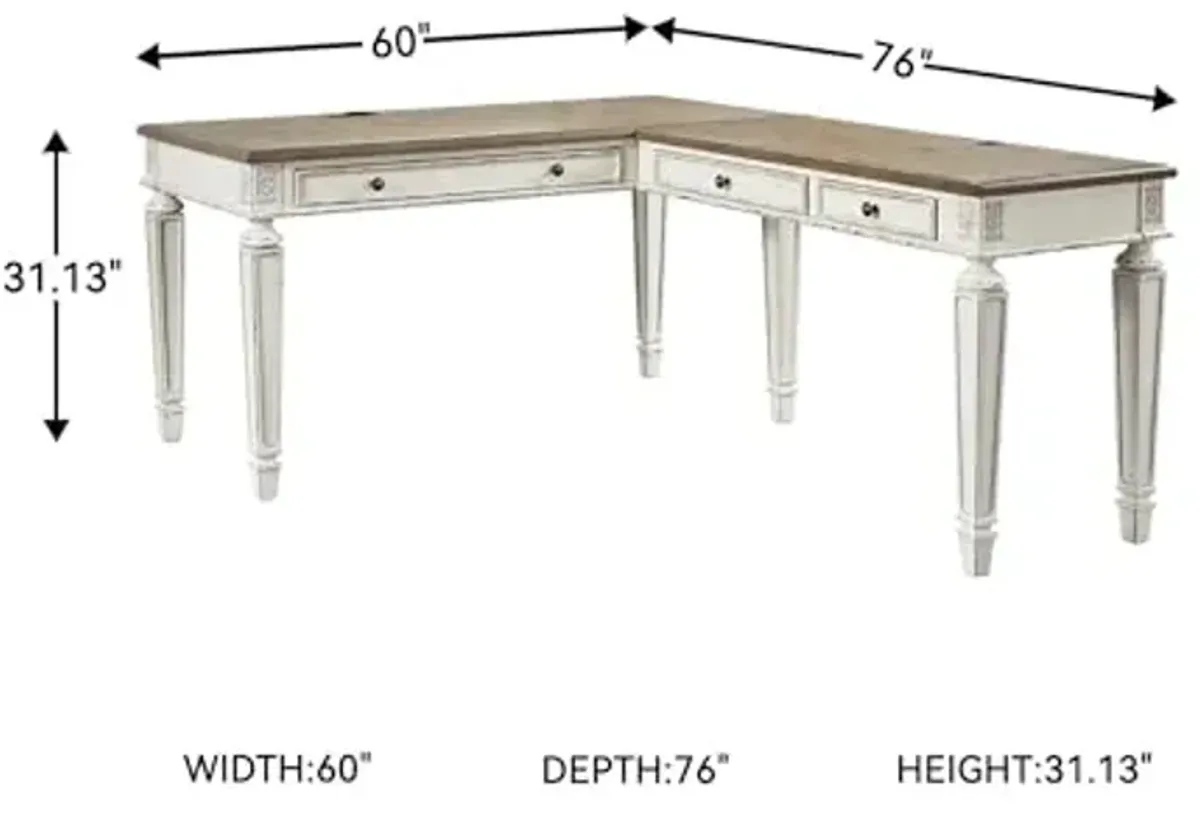 Signature Design by Ashley Realyn Cottage L-Shaped Distressed 2-Piece Home Office Desk with Power Supply and USB Ports, White & Light Brown