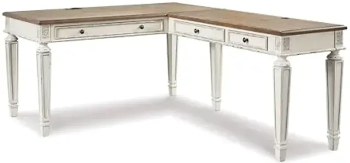 Signature Design by Ashley Realyn Cottage L-Shaped Distressed 2-Piece Home Office Desk with Power Supply and USB Ports, White & Light Brown