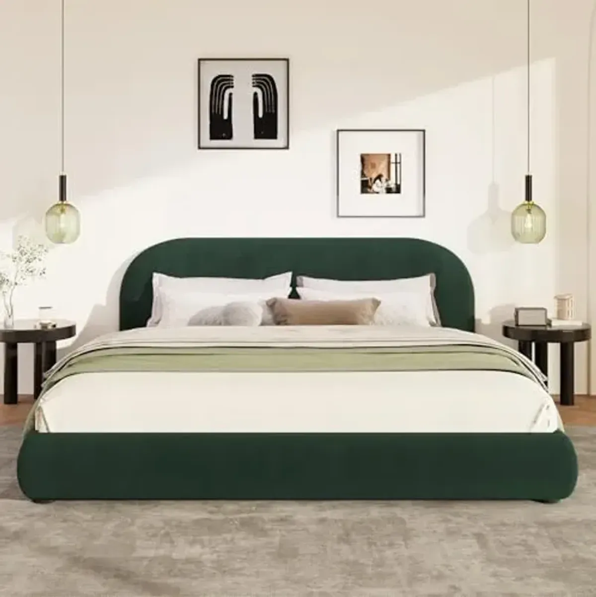Christopher Knight Home Umti Queen Bed Frame with Headboard, Velvet Fabric Upholstered Queen Size Bed Frame, Curve-Shaped Design Headboards, Modern Design Bed Set, Easy Assembly, Heavy Duty, Green